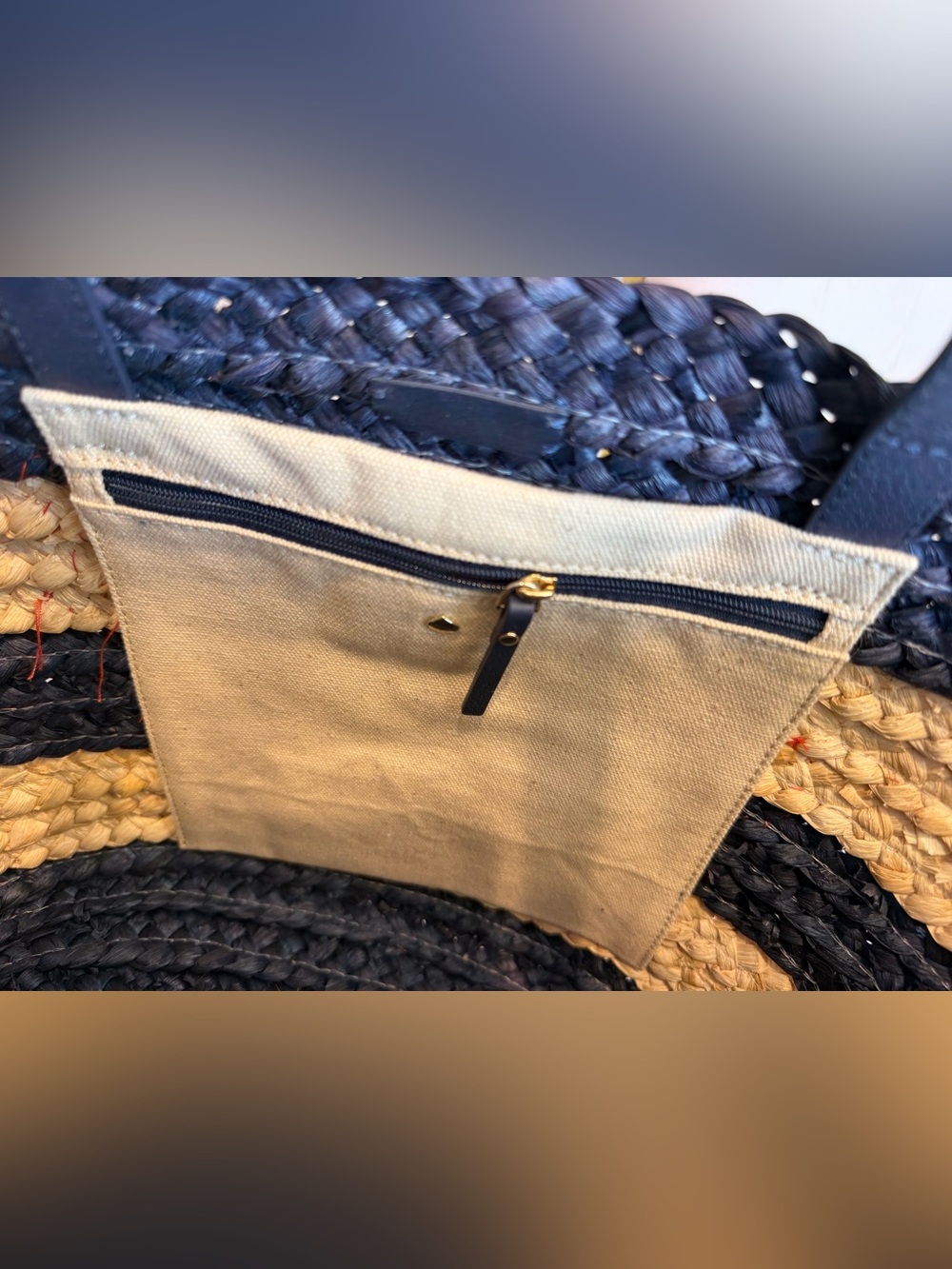 Sold Out Kate Spade Navy Natural & Orange Script “Out & About” Straw Stripe Tote - Picture 6 of 10